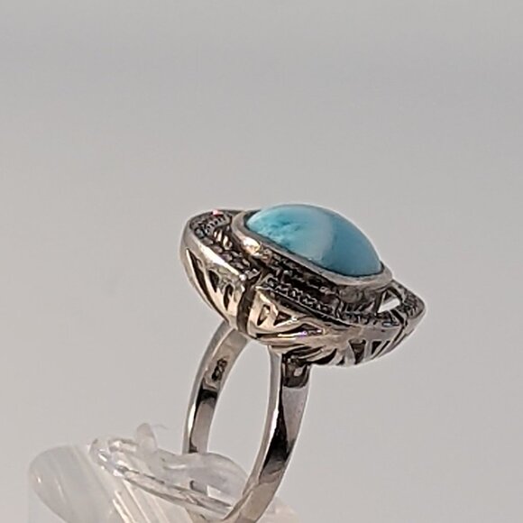 Marahlago Larimar Rhodium Plated Silver Ring Cushion-Cut Stone & Topaz - Picture 7 of 13